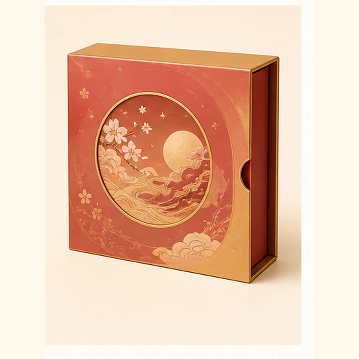 Mini álbum Afterglow en caja coral con detalles dorados
